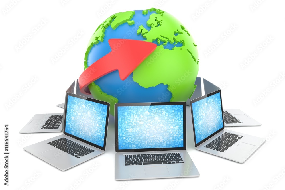 Laptop network around earth globe. 3d render Laptop network around earth globe. 3d render