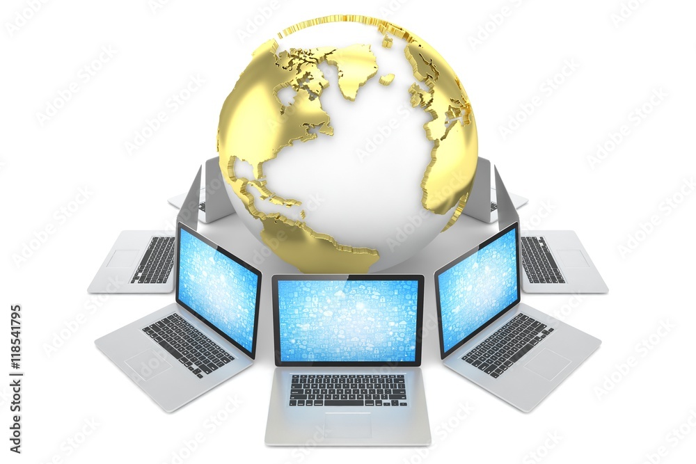 Laptop network around earth globe. 3d render Laptop network around earth globe. 3d render
