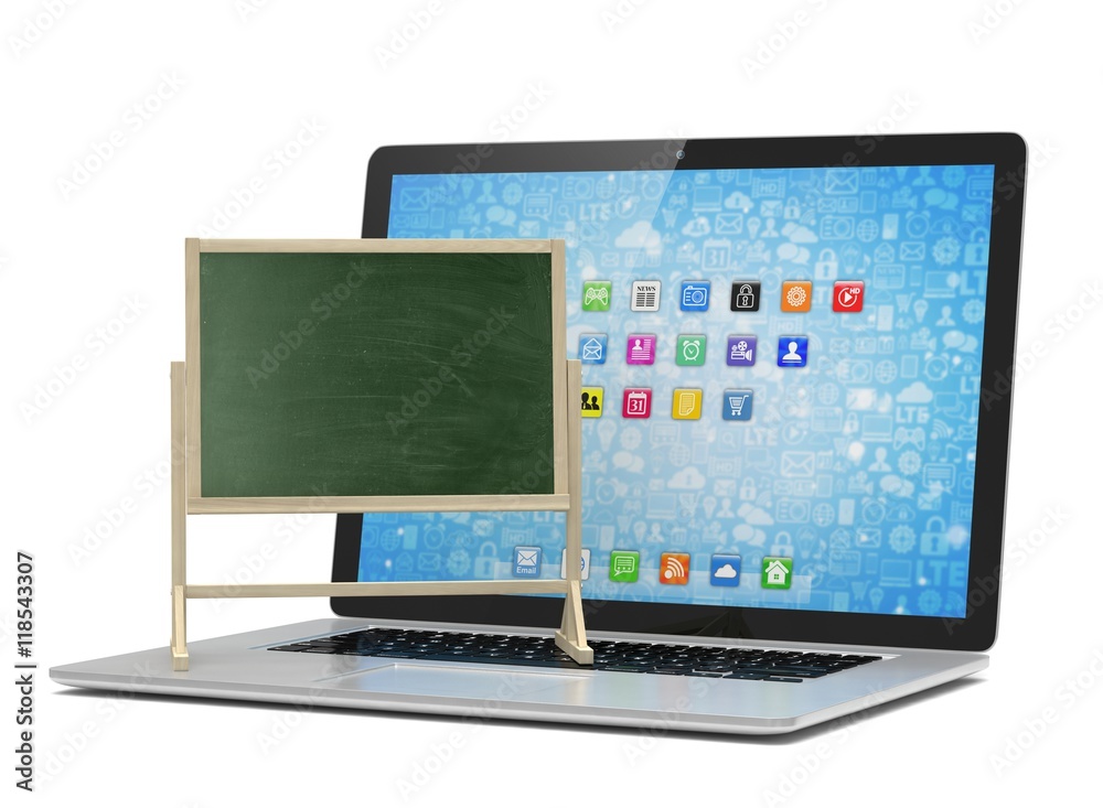 Laptop with chalkboard, online education concept. 3d rendering. Laptop with chalkboard, online education concept. 3d rendering.