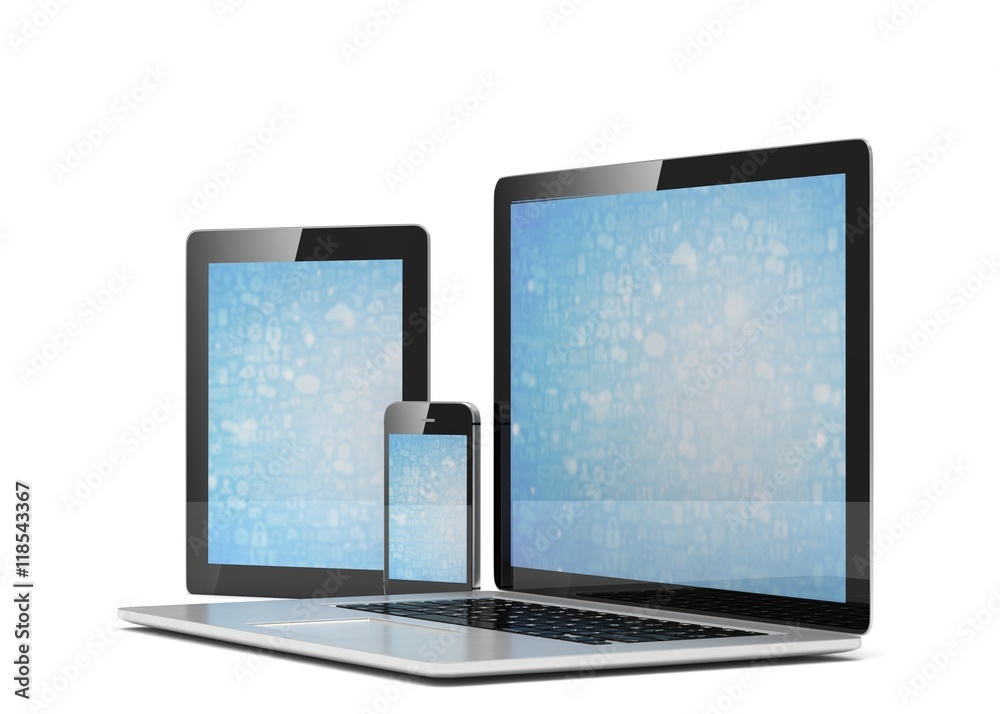 laptop, tablet, phone, on white. 3d rendering. laptop, tablet, phone, on white. 3d rendering.