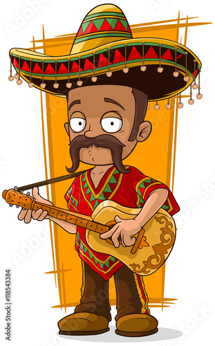 Cartoon mexican in sombrero with guitar