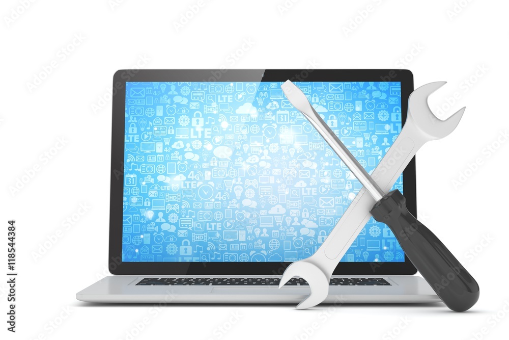 3D Illustration Wrench and screwdriver on laptop, service concept 3D Illustration Wrench and screwdriver on laptop, service concept
