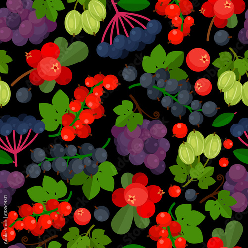 Seamless pattern with red currant, black currants, lingonberry and grapes on black background