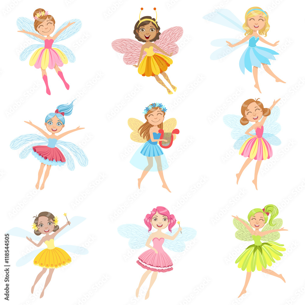 Cute Fairies In Pretty Dresses Girly Cartoon Characters Set Cute Fairies In Pretty Dresses Girly Cartoon Characters Set