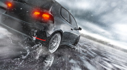 Fotobehang Snelle auto Snelle auto door spattend regenwater  © Shutter81
