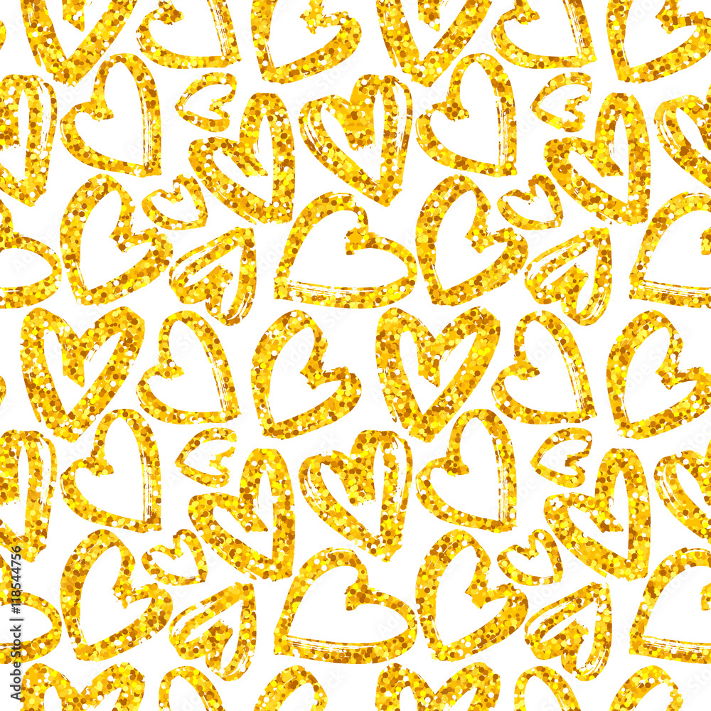 Seamless pattern gold glitter hearts, golden heart pattern, gold heart background , vector illustration, design for card, womens day, mothers day, wedding, birthday, textile, web wallpaper