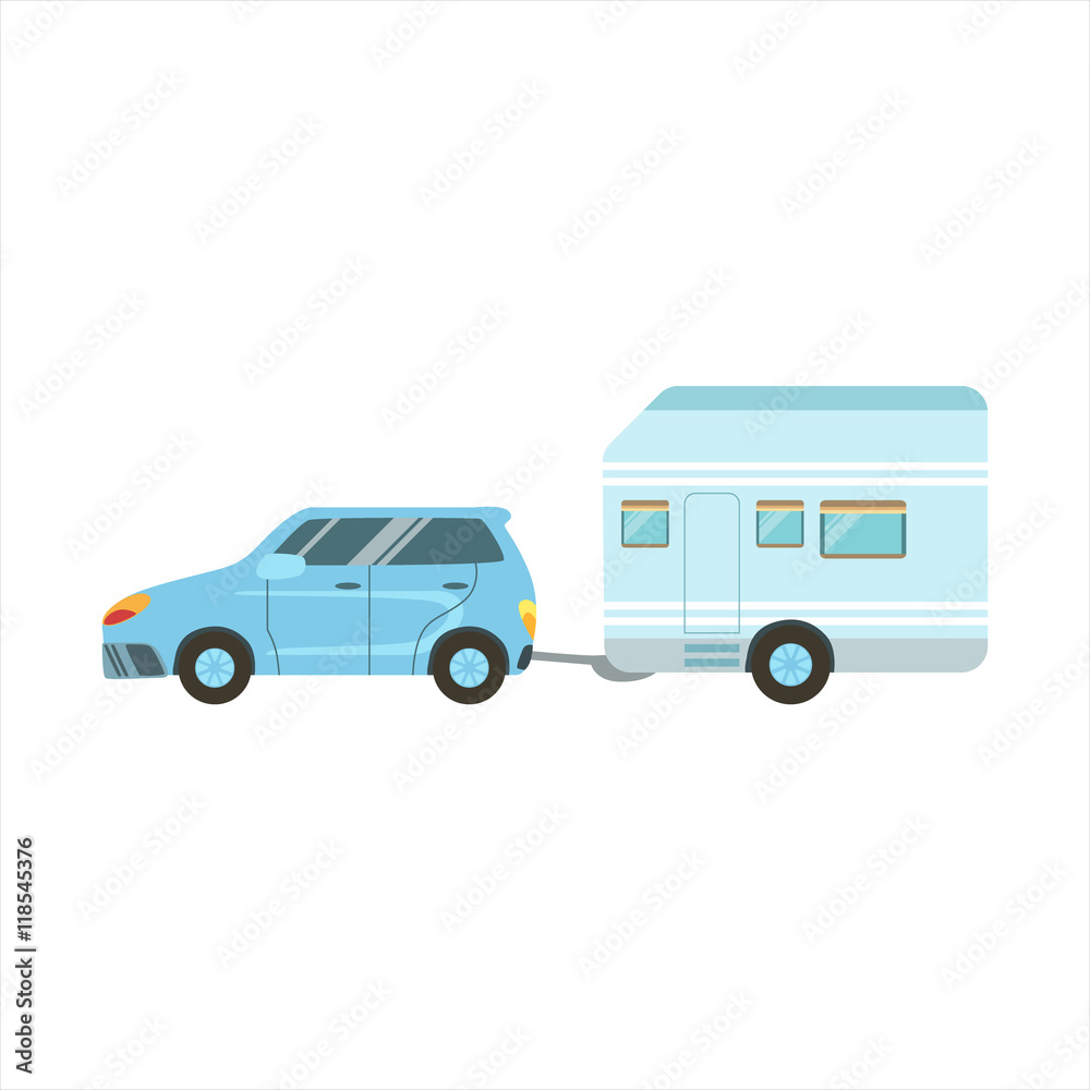Fototapeta premium Car Pulling The Trailer Family Motorhome Flat Colorful 