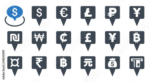 All Currency Map Pointers vector icons. Icon style is bicolor smooth blue flat symbols with rounded angles on a white background.