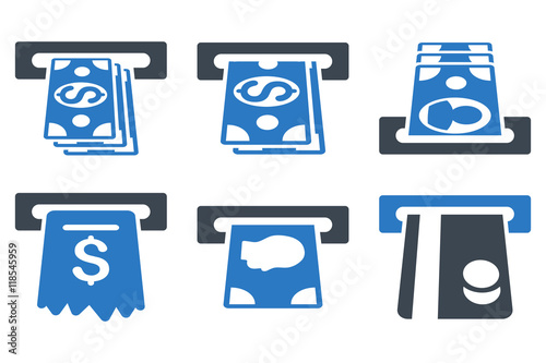 ATM Cashpoint vector icons. Icon style is bicolor smooth blue flat symbols with rounded angles on a white background.