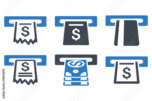 Automated Cashier vector icons. Icon style is bicolor smooth blue flat symbols with rounded angles on a white background.