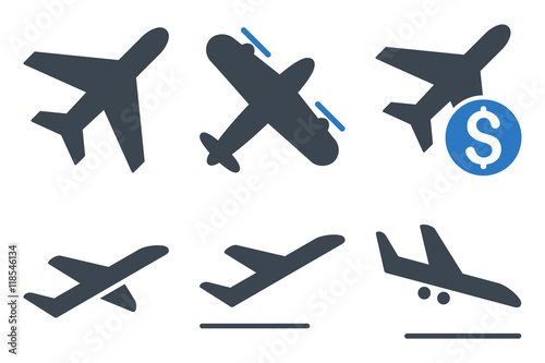 Aviation vector icons. Icon style is bicolor smooth blue flat symbols with rounded angles on a white background.
