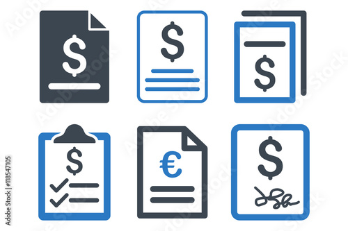 Invoice vector icons. Icon style is bicolor smooth blue flat symbols with rounded angles on a white background.
