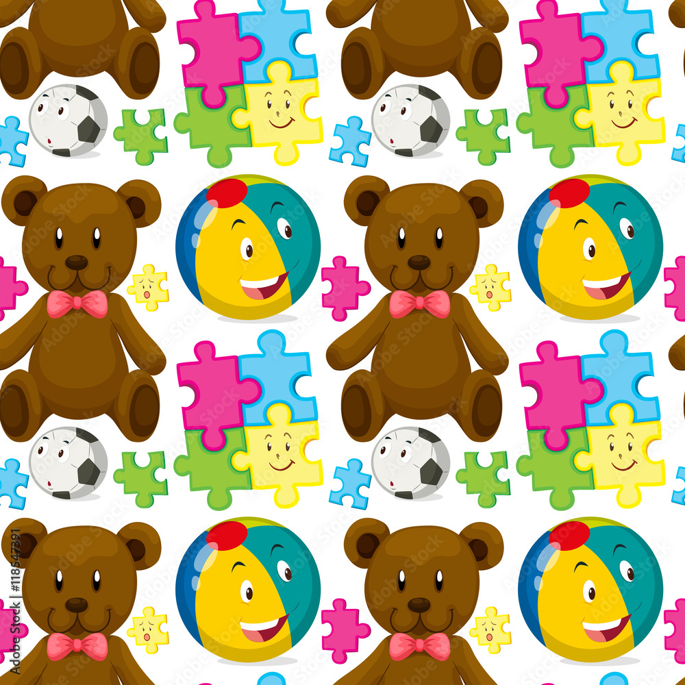 Fototapeta premium Seamless background with teddybear and ball