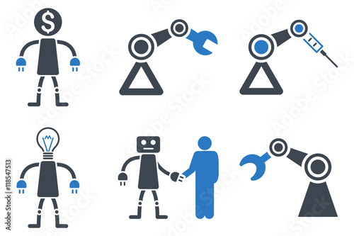 Robot vector icons. Icon style is bicolor smooth blue flat symbols with rounded angles on a white background.
