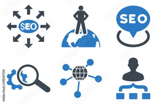 Seo Marketing vector icons. Icon style is bicolor smooth blue flat symbols with rounded angles on a white background.