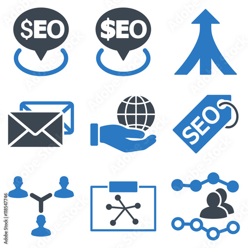 Seo vector icons. Icon style is bicolor smooth blue flat symbols with rounded angles on a white background.