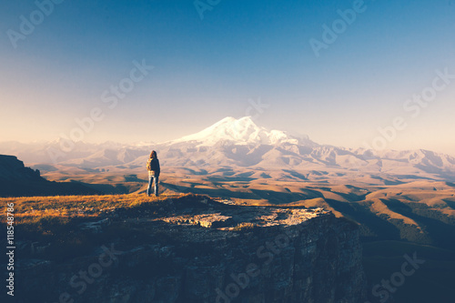 Traveler looking to Elbrus mountain