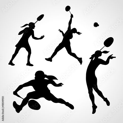 Silhouettes of women professional badminton players. Vector set