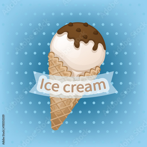 Vanilla ice cream with chocolate topping in a waffle cone. Delicious sweet ice cream with chocolate sprinkles. Ice cream emblems badges labels. Vector illustration.