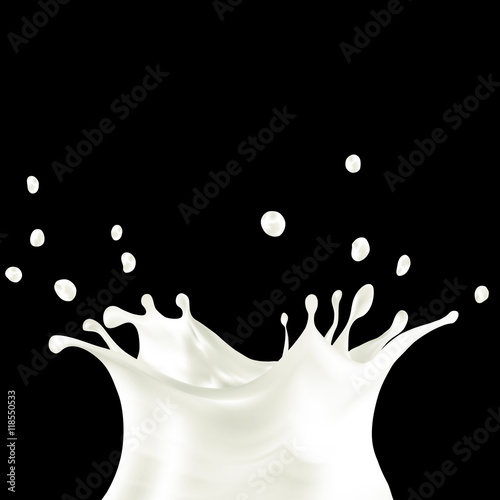 Milk splash vector illustration isolated on black background, realistic image. 3d illustration.