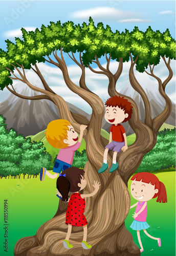Fototapeta Naklejka Na Ścianę i Meble -  Children climbing tree in the park