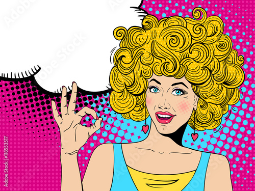  Young sexy happy surprised blonde woman with open mouth shows OK sign and  speech bubble. Vector hand-drawn colorful background in pop art retro comic style.