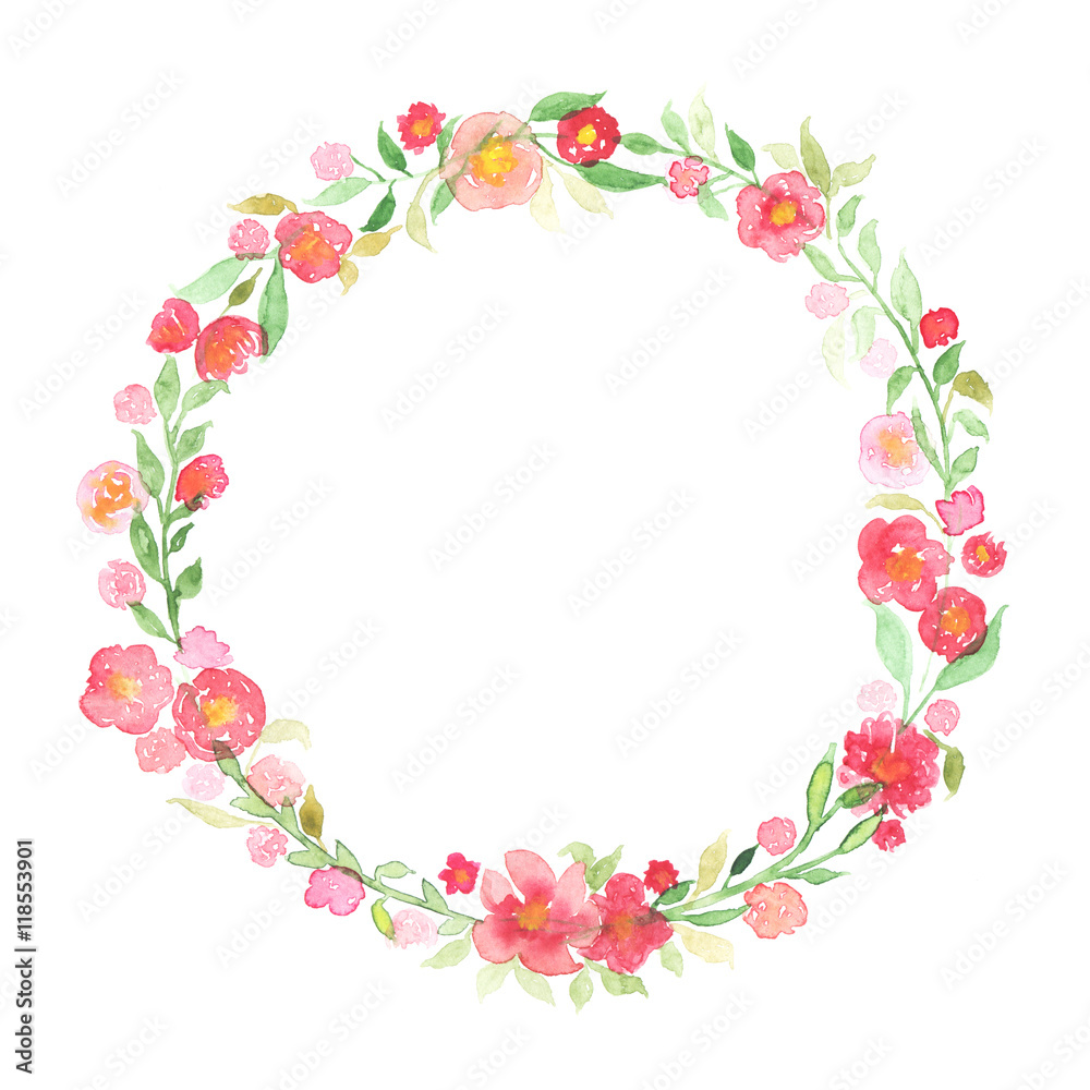 Hand drawn watercolor wreath with abstract flowers and leaves isolated on a white background Hand drawn watercolor wreath with abstract flowers and leaves isolated on a white background