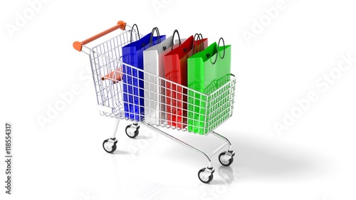 Shopping cart with colorful bag. 3d illustration