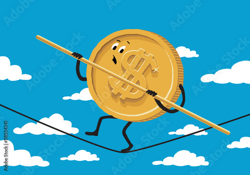 Dollar ropewalker on background with sky and clouds. Vector illustration about financial crisis.