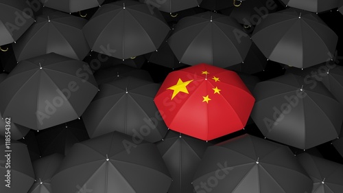 China flag umbrella over black umbrella background. 3d illustration
