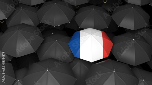 French flag umbrella over black umbrellas. 3d illustration