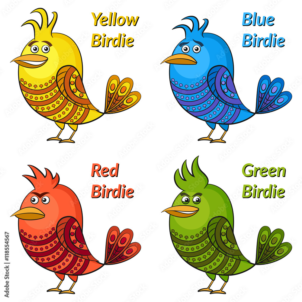 Set of Funny Colorful Birds of Different Colors and Moods, Blue Sad, Red  Angry, Yellow Cheerful and Green Insidious, Cute Patterned Cartoon Character,  Isolated on White Background. Vector Stock Vector | Adobe