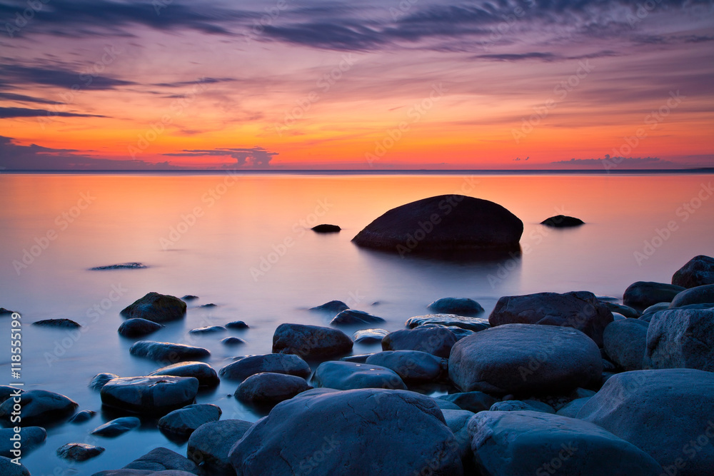Coastal Sunrise, Huge Boulders in the Baltic Sea, Jasmund National Park, Rugen Island, Germany 