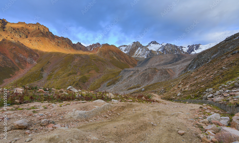 cirque glaciers, rocky road, red mountain stone, summer, glacial valleys, mountains, Kazakhstan, Kyrgyzstan