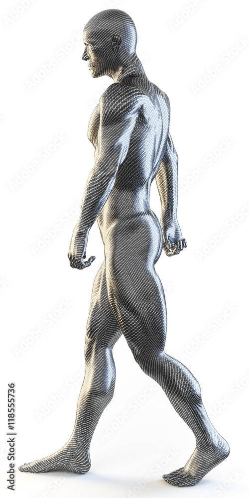 3d rendering of muscular man walking covered with carbon fiber 3d rendering of muscular man walking covered with carbon fiber