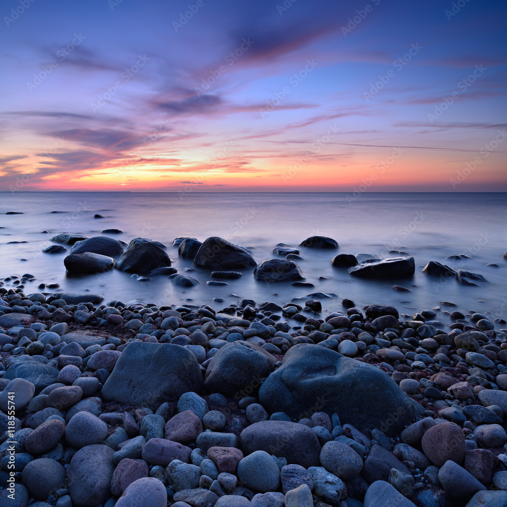 Coastal Sunset, Rocky Coastline with Boulders, Rügen Island, Germany