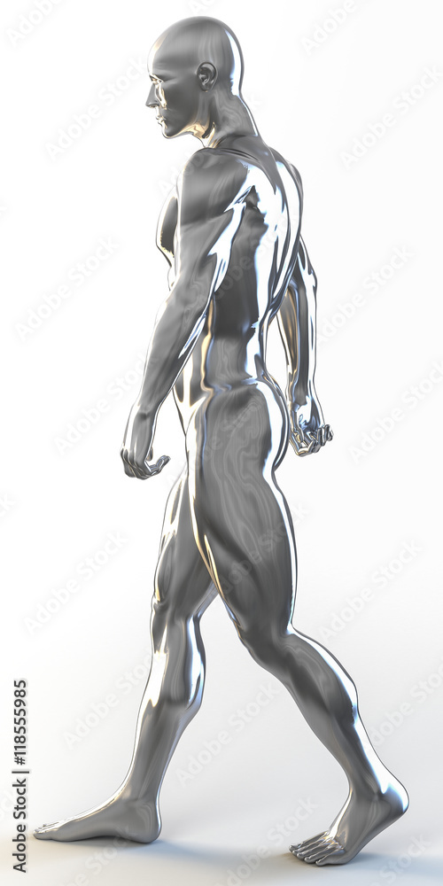 3d rendering of muscular man walking covered  with crome metal