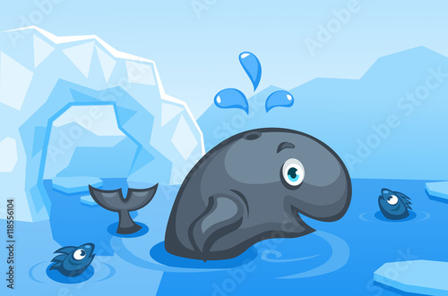 Illustration of a whale on an arctic vector background with ice floes, icebergs, water and fishes