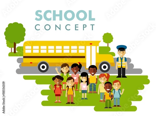 Different school children and bus concept in flat style