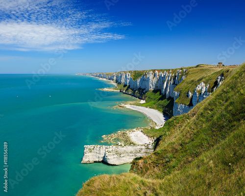 Cliffs of the Alabaster Coast under Blue Summer Sky, La Côte d'Albâtre, Atlantic Ocean, Normandy, France