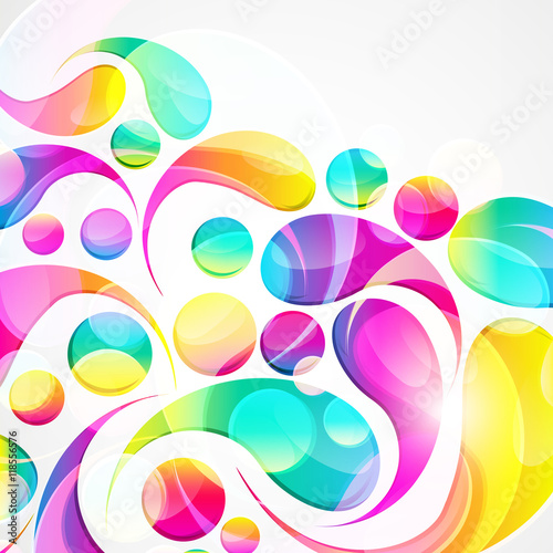 Abstract colorful paisley arc-drop pattern on a white background