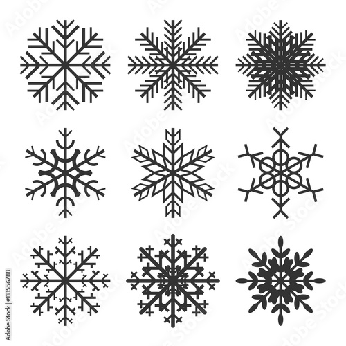 Set of geometric snowflakes with inticate patterns and crystal structure. Vector illustration.