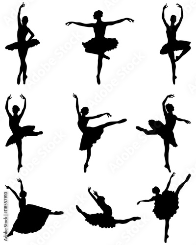 Black silhouettes of ballerinas on a white background, vector