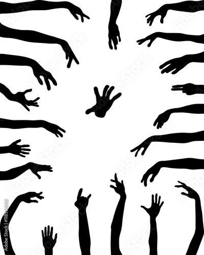 Black silhouettes of hands in various positions, vector