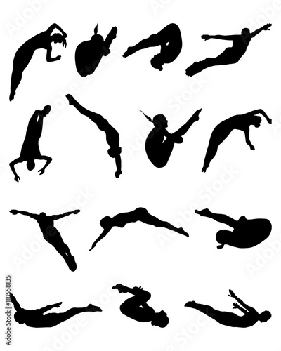 Black silhouettes of jumping people into the water, vector