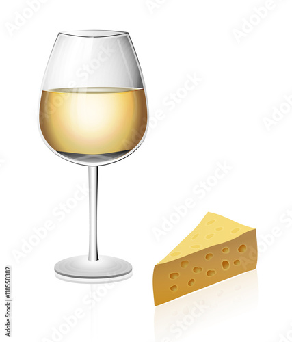 A glass of white wine isolated on a white background with cheese in realistic manner with reflections and shiny highlights. Vector illustration.