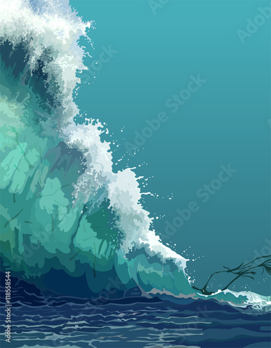 painted backdrop of a giant tsunami wave