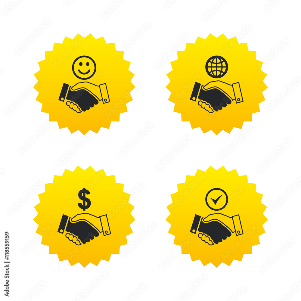 Handshake icons. World, Smile happy face. Handshake icons. World, Smile happy face.