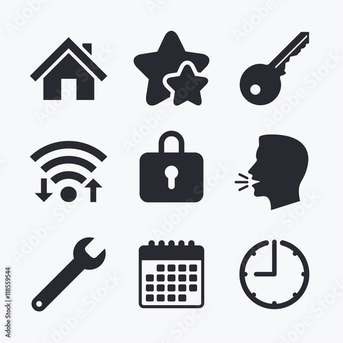 Home key icon. Wrench service tool symbol.