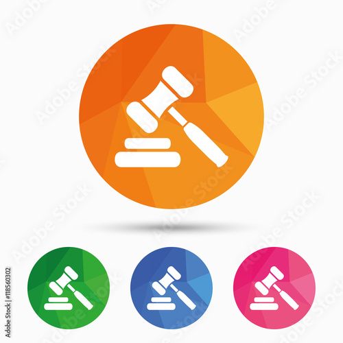 Auction hammer icon. Law judge gavel symbol.